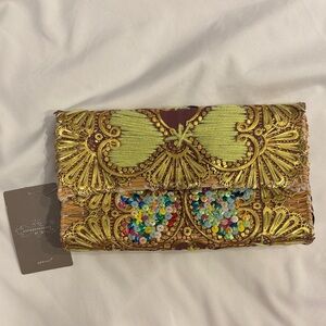 Anthro Sequin Embellished Woven Straw Clutch, Neon Metallic Doiley Lace Overlay